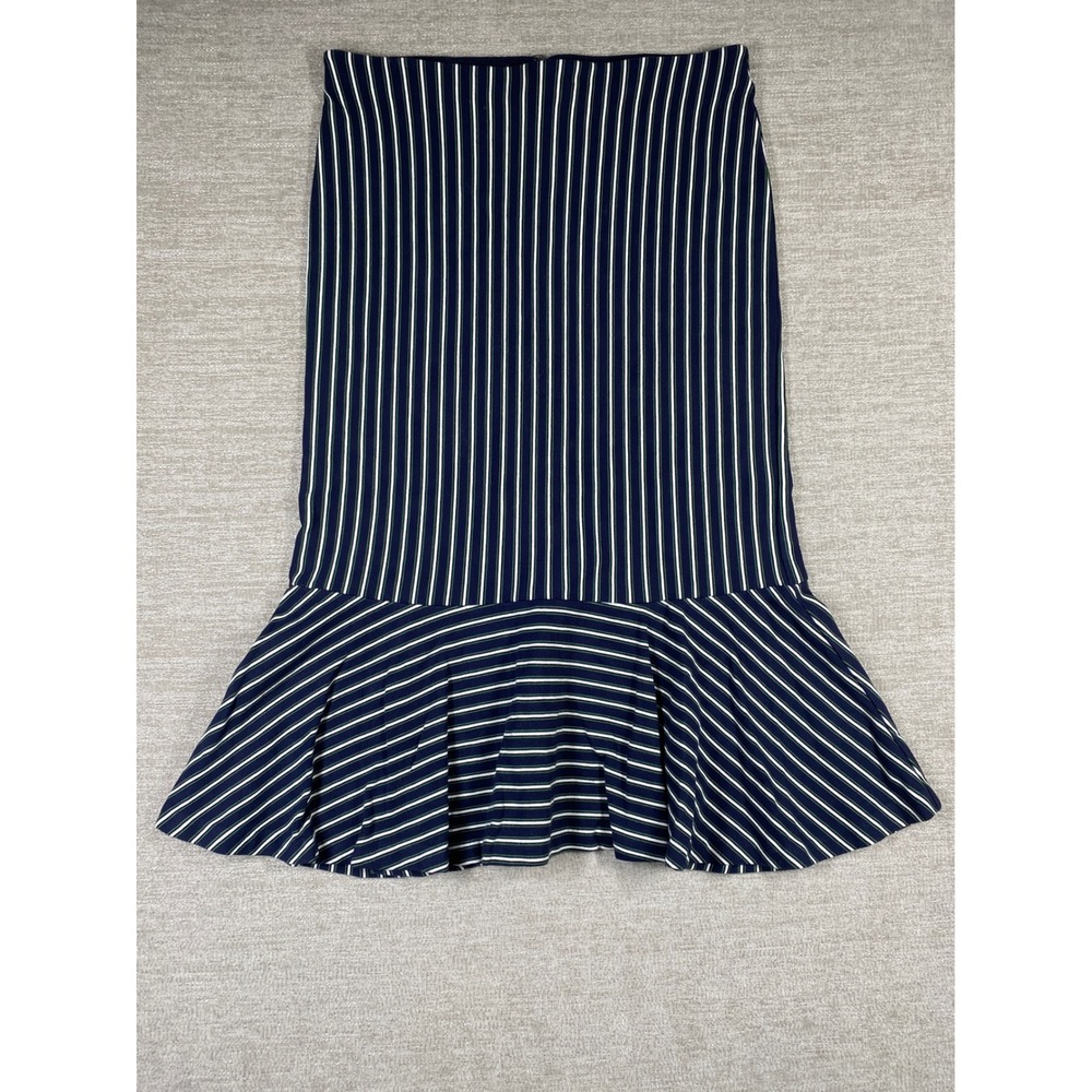 Ann Taylor Striped Flounce Hem Midi Skirt Women M Navy Blue White Green Ruffle